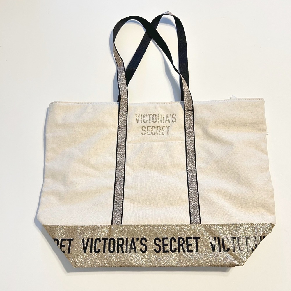Victoria's Secret Canvas Tote Bag Gold Glitter Bottom Black and Glitter‎ Straps
